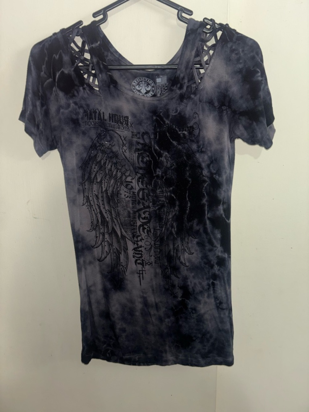 Affliction Women's Black Tie-Dye Wing Graphic Lattice-Back Tee